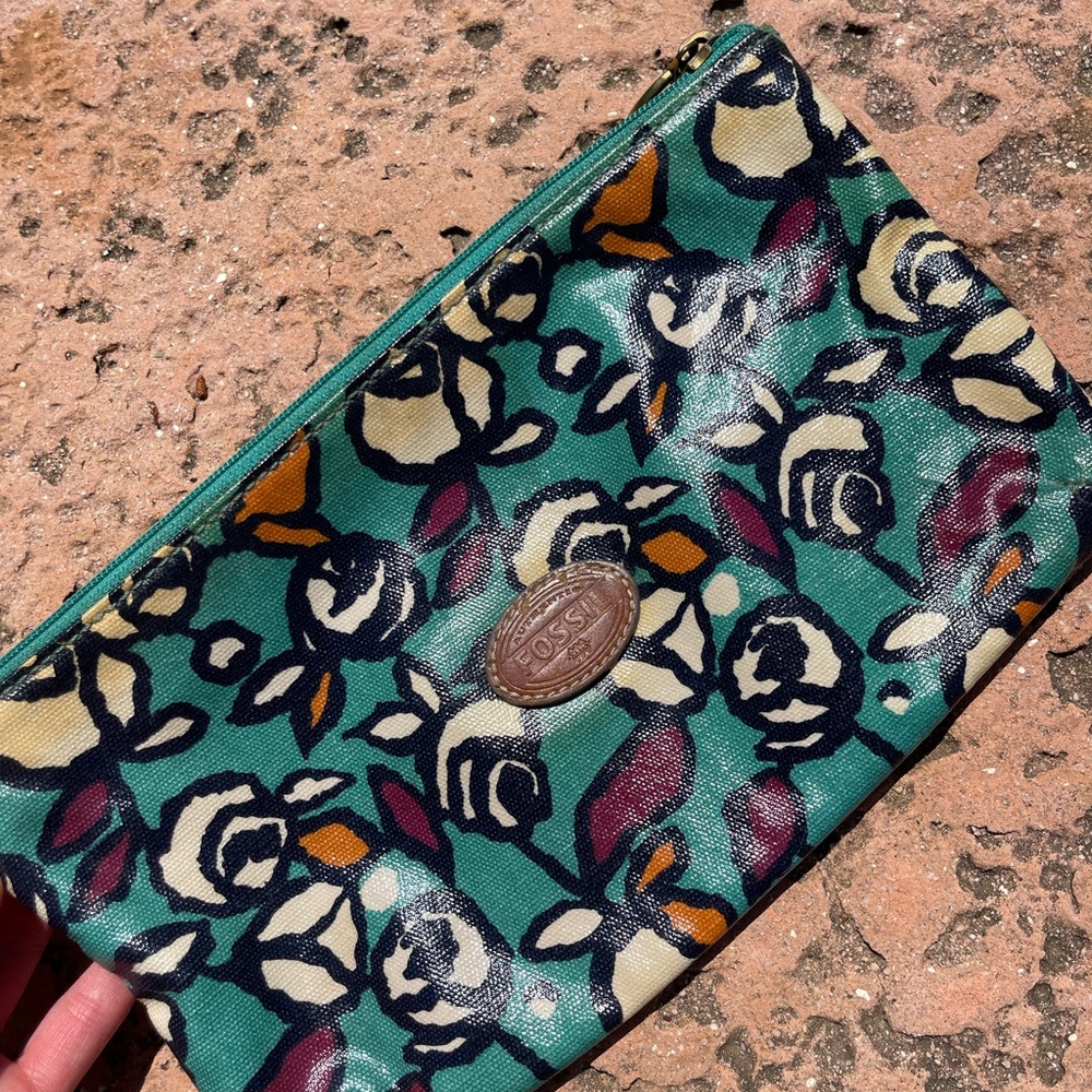 Fossil Teal Floral Coated Canvas Clutch with Cream, Navy & Plum Accents